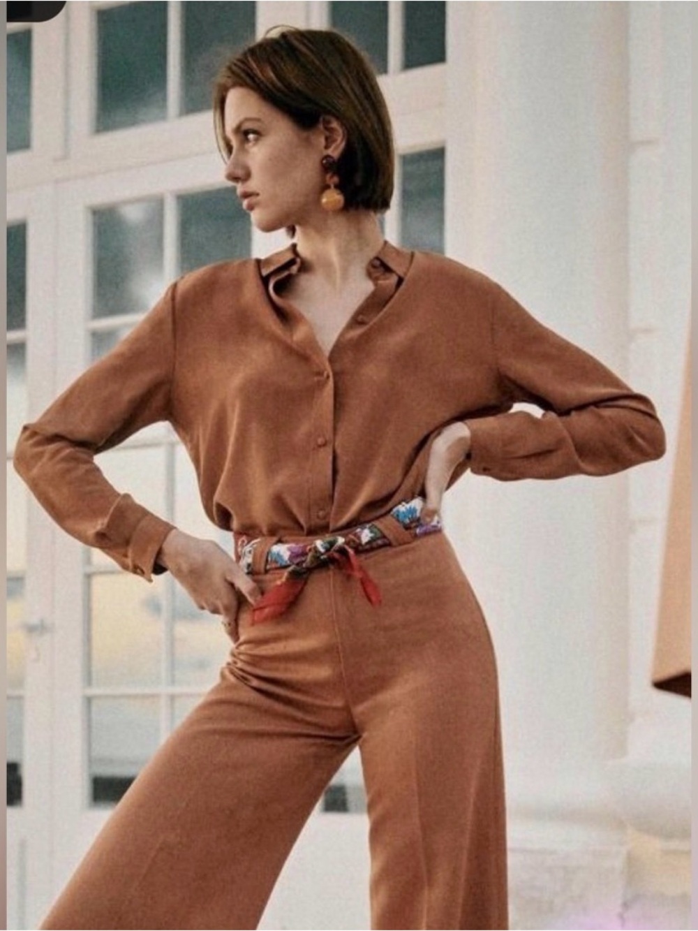 Sezane Rust Brown Button-Front Silk Blouse